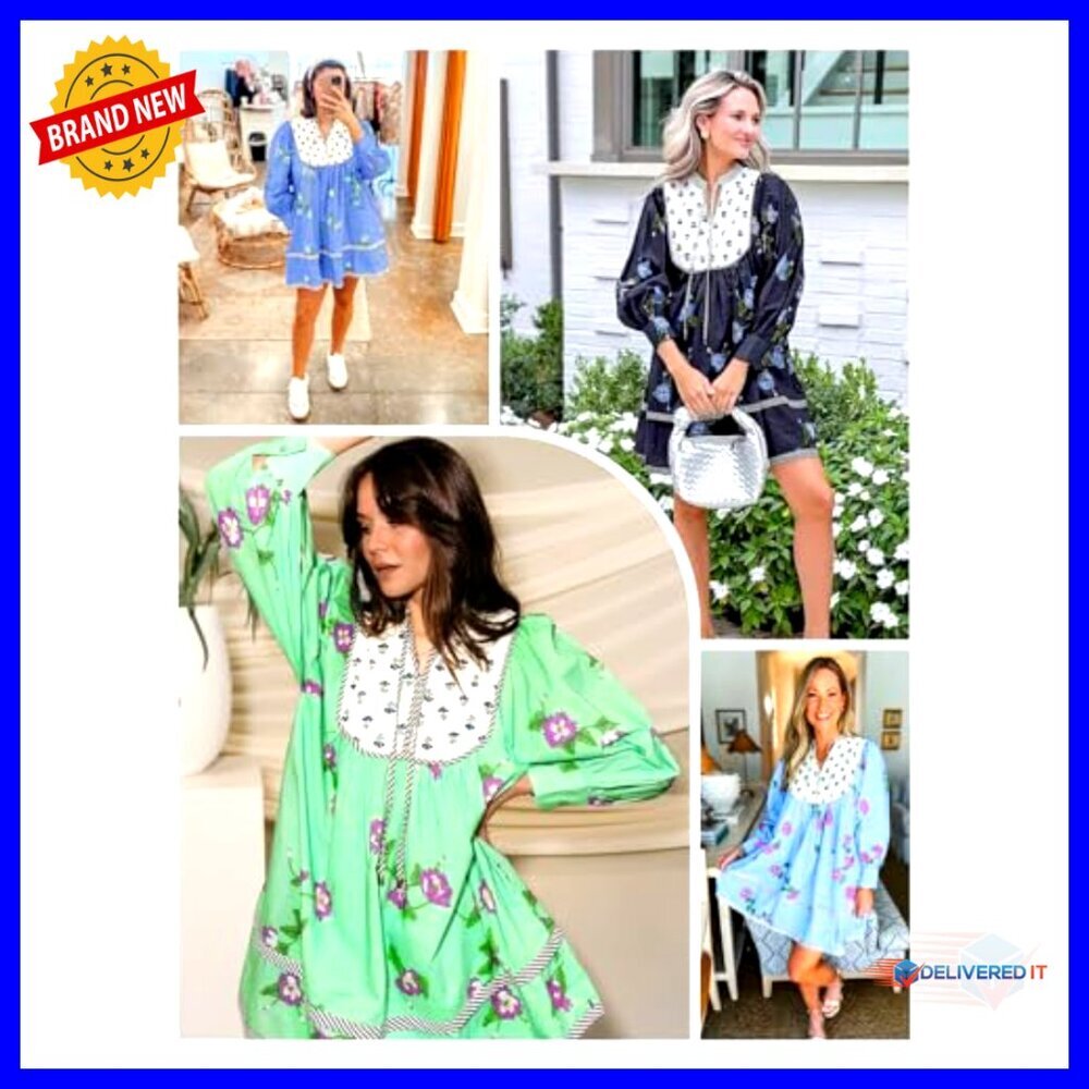 Long Sleeve V Neck Mini Dress Loose Boho Casual Floral Patchwork - Picture 6 of 7